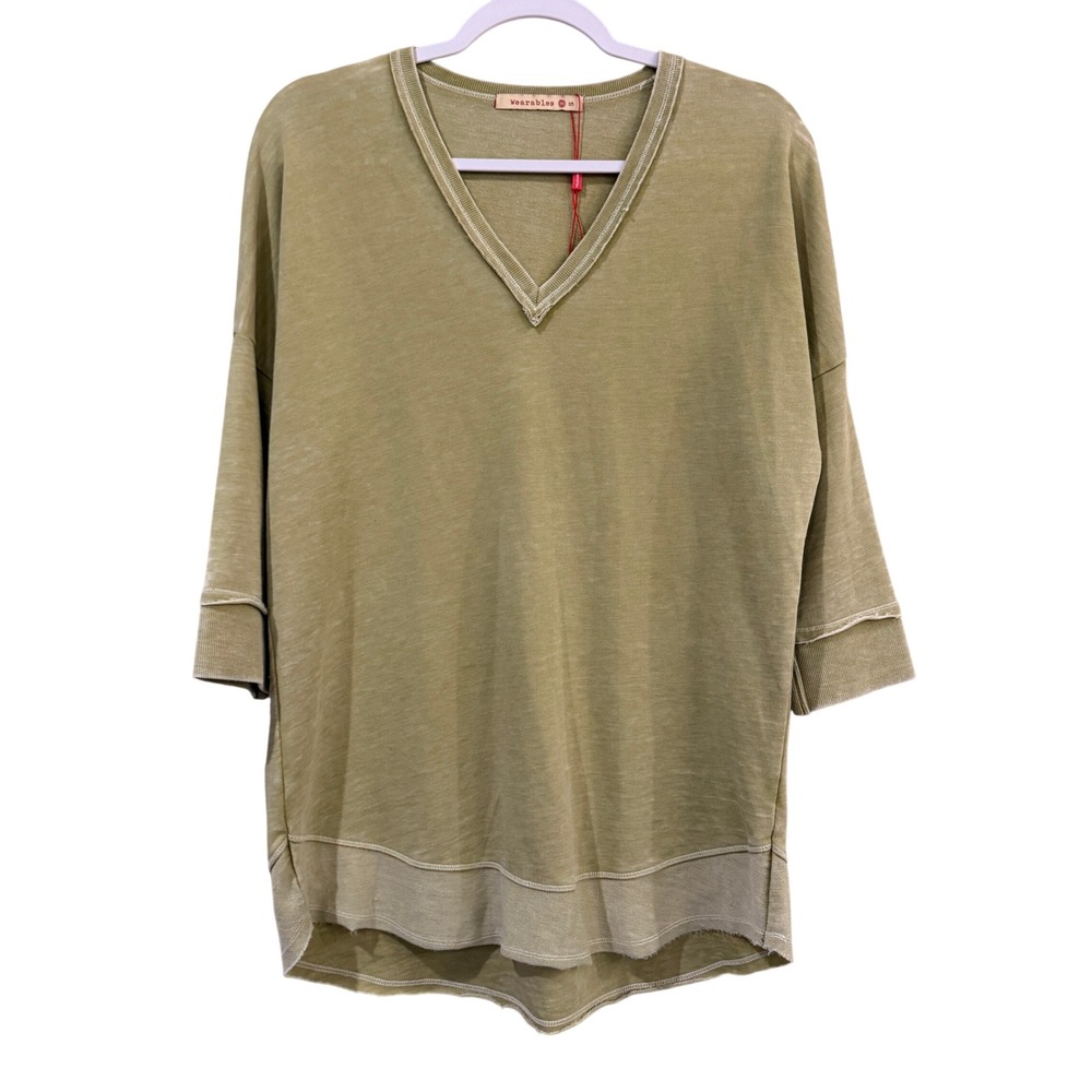 XCVI Wearables V-Neck Tunic Top Women Sm Green 3/4 Sleeve Raw Hem Slub Knit NWOT
